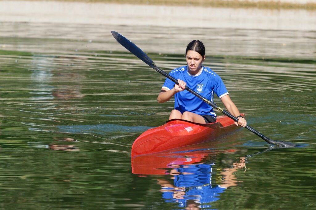 girl, young, woman, female, kayak, canoe, rowing, lake, water, recreation, summer, nautical, snapshot, sport, park, row