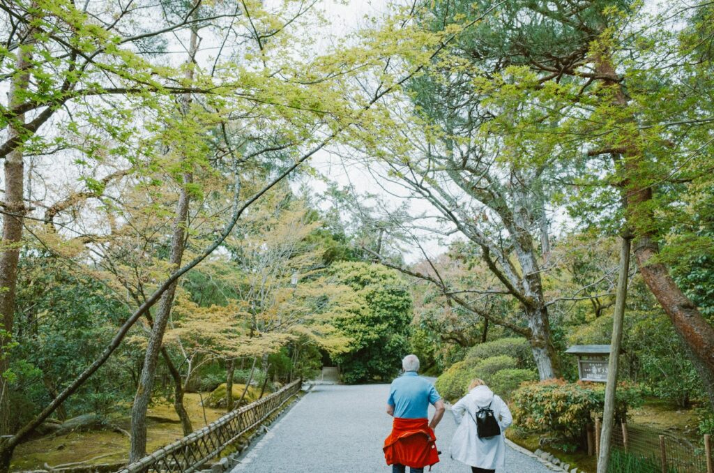 Two people walking on a path in a park.