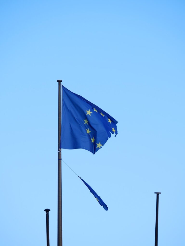 A european flag is flying in the wind