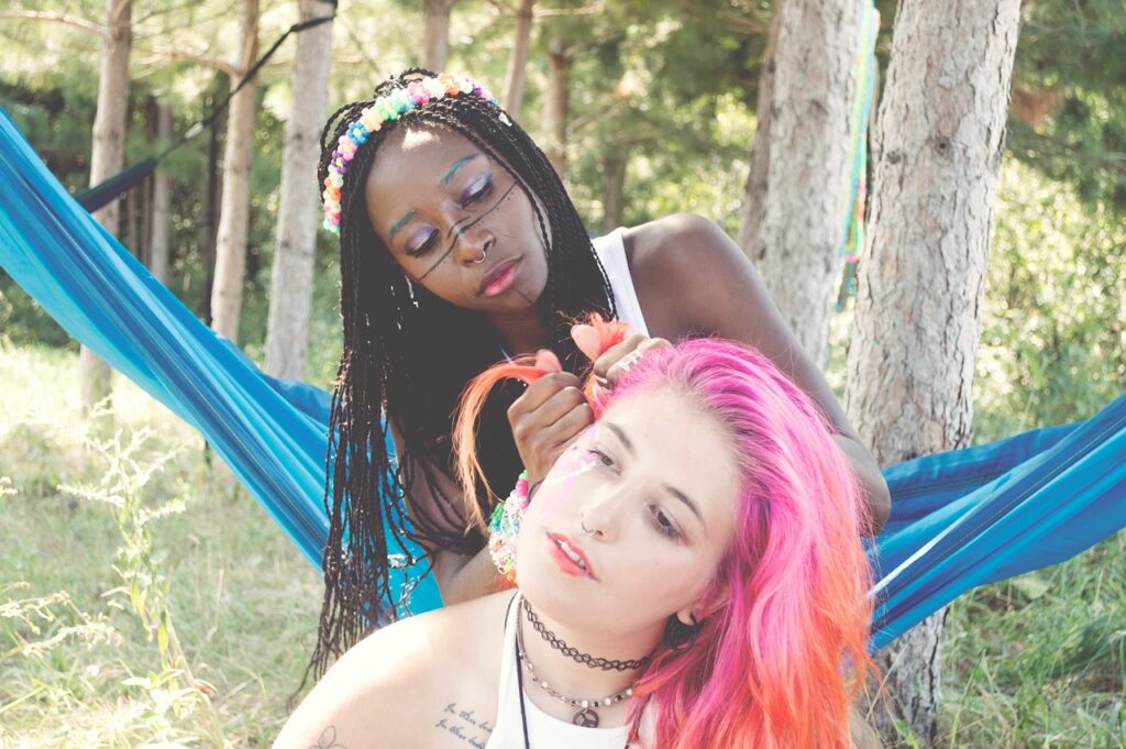 people, woman, dye, hair, nature, trees, woods, forest, green, african american, black, hammock, tattoo, african american, hammock, hammock, hammock, hammock, hammock, tattoo, tattoo