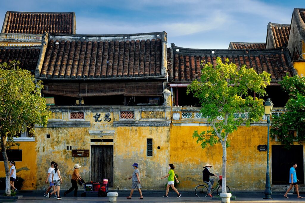 people, street, hoi an, sidewalk, bicycle, town, walking, cycling, buildings, old buildings, old town, ancient town, historic, historical, outdoors, urban, city, vietnam, hoi an, hoi an, vietnam, vietnam, vietnam, vietnam, vietnam
