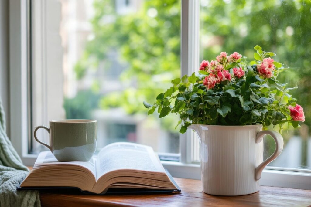 ai generated, open book, morning coffee, serene vibes, coffee mug, morning, serene, vibes, coffee, book, nature, flowers, window, cozy, peaceful, bloom