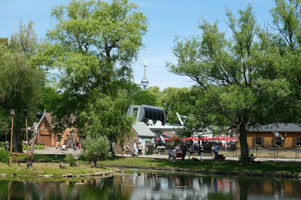 Park with pond, trees, and distant tower
