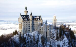 neuschwanstein, castle, bavaria, architecture, nature, fortification, hilltop, snow, trees, snowy, winter, fortress, scenery, landscape, mountain, europe, germany, medieval