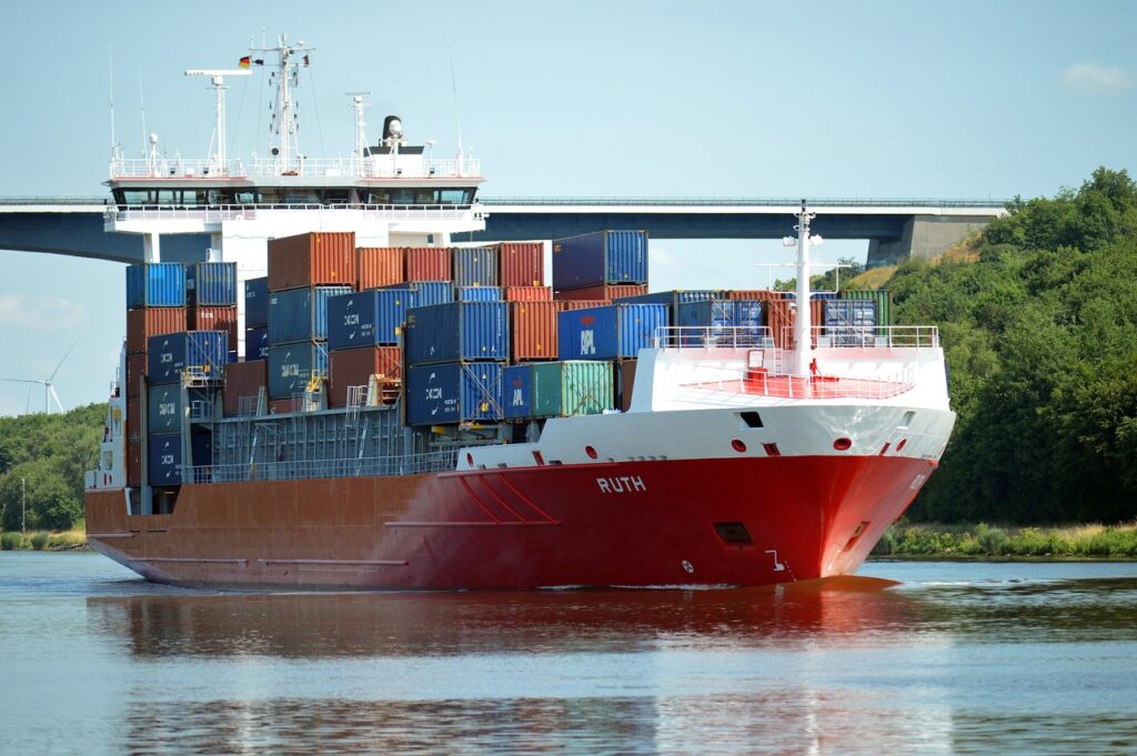 ship, container ship, shipment, cargo ship, waterway, dithmarschen, channel, water, kaiser wilhelm canal, artificial waterway, federal waterway, schleswig-holstein, highway bridge, landscape, nok, north baltic canal, shipping, waterways for ocean-going ships, waters, seafaring