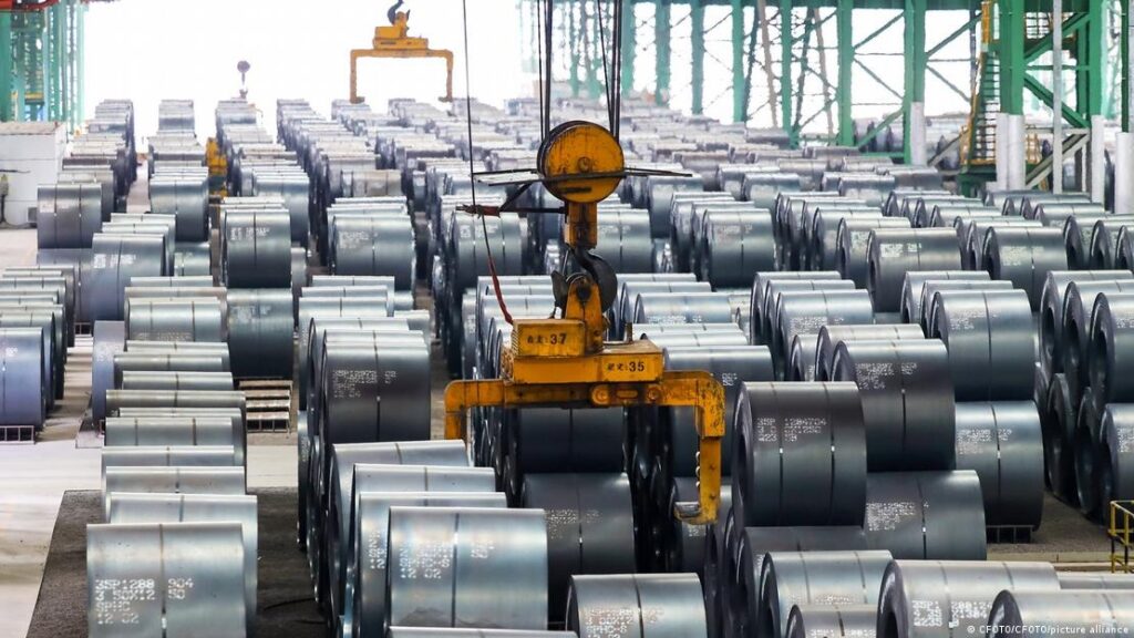 Products stacked in the workshop of a steel factory in Yangzhou, Jiangsu Province, China, on December 4, 2025